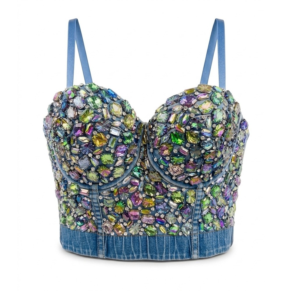 Lydia USA Denim Rhinestone Jewel Embellished Bustier Corset Crop Top Blue Large
